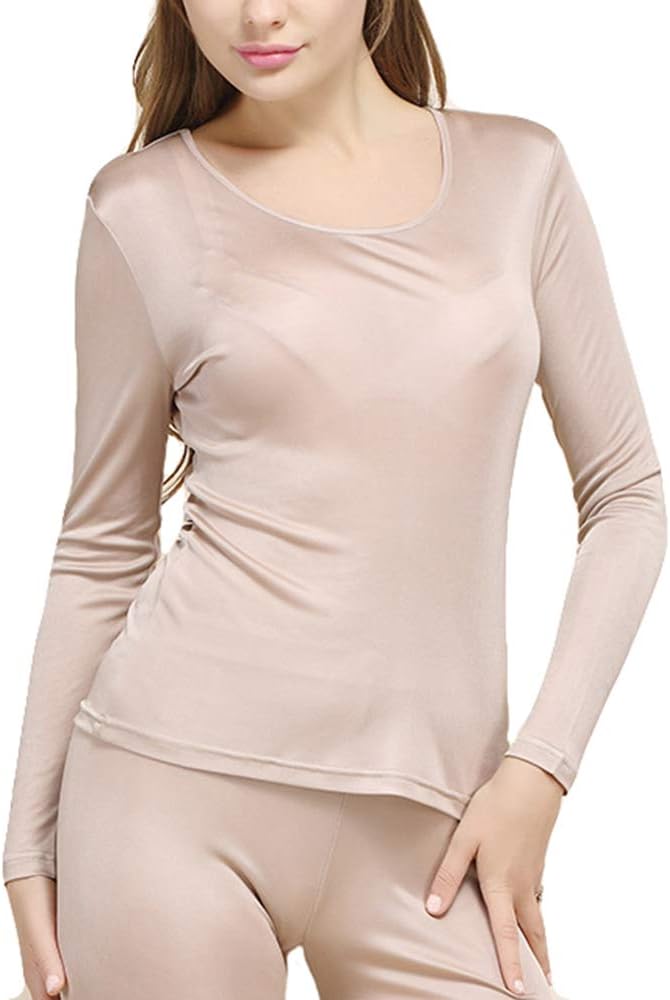 Women Pure Silk Winter Knit Underwear Set Winter Thermal Long Johns Set Crew Neck