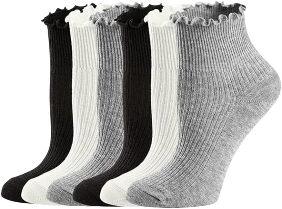 6 Pairs of Women's Lace Ruffle Socks, Soft Breathable Cotton Socks, Reversible Cuffs, Wave Socks, Funny Casual Socks, Solid Short Socks, Ankle Socks, Trainer Socks for Women and Girls