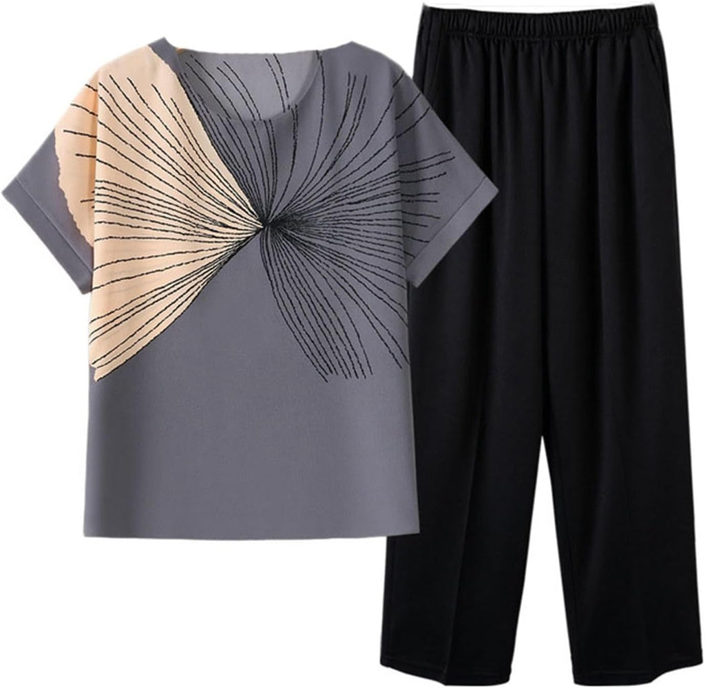 Color-block short-sleeve set for older women