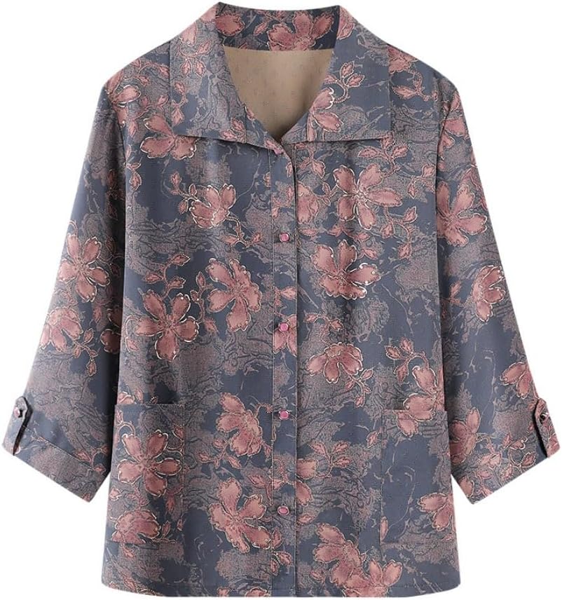Printed three-quarter sleeve top with collar