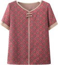 Printed short-sleeve top with frog-button closures