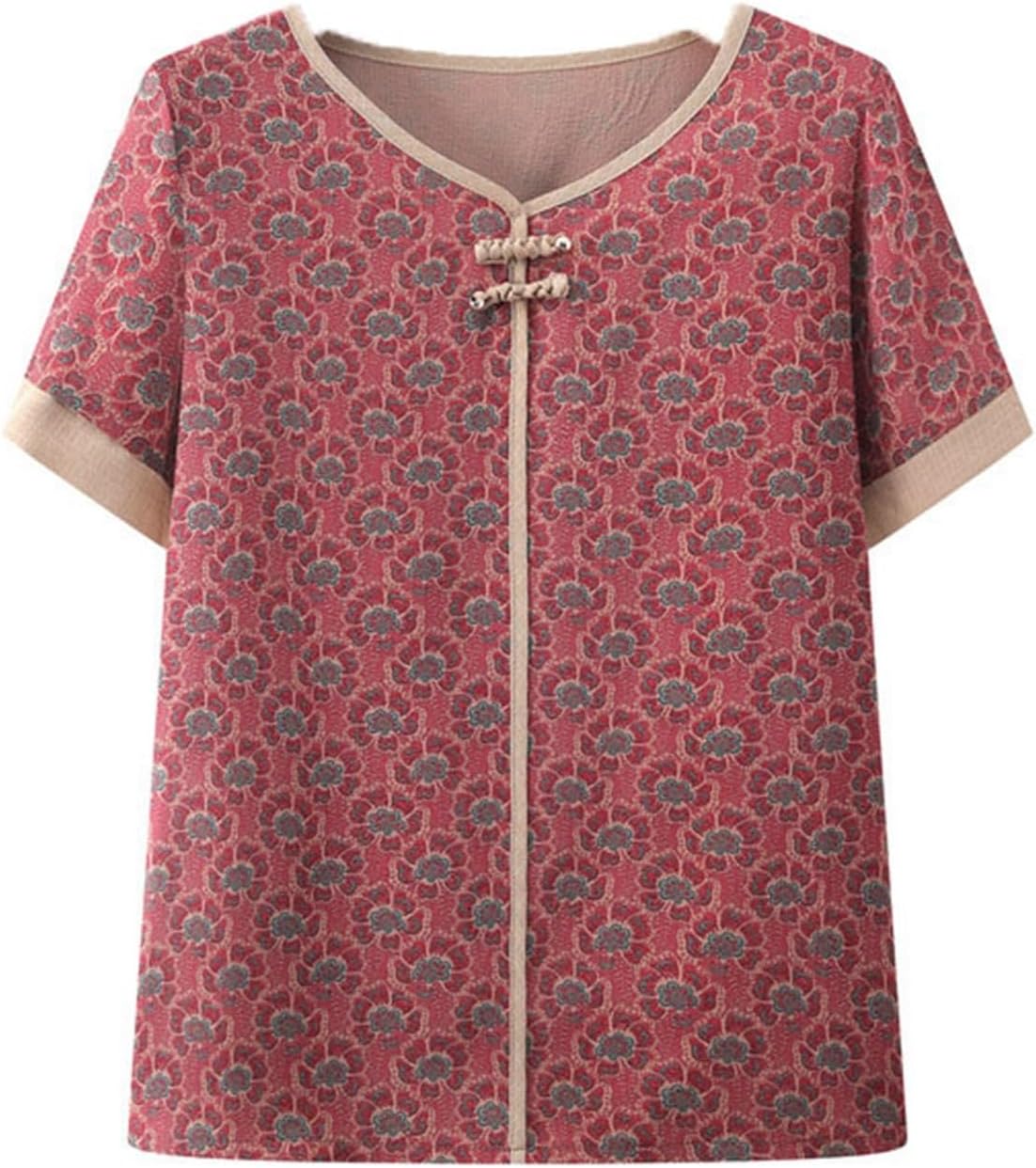 Printed short-sleeve top with frog-button closures
