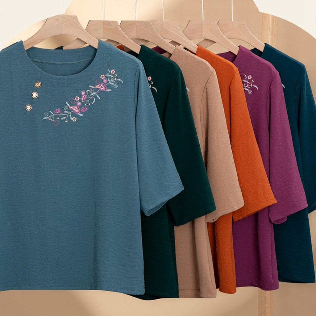 Embroidered mid-sleeve top