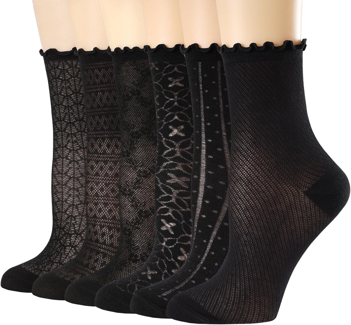 Women's Ruffle Socks Mesh Casual Lace Cotton Ankle Ultra Thin Frilly Crew Socks for Women 6 Pairs