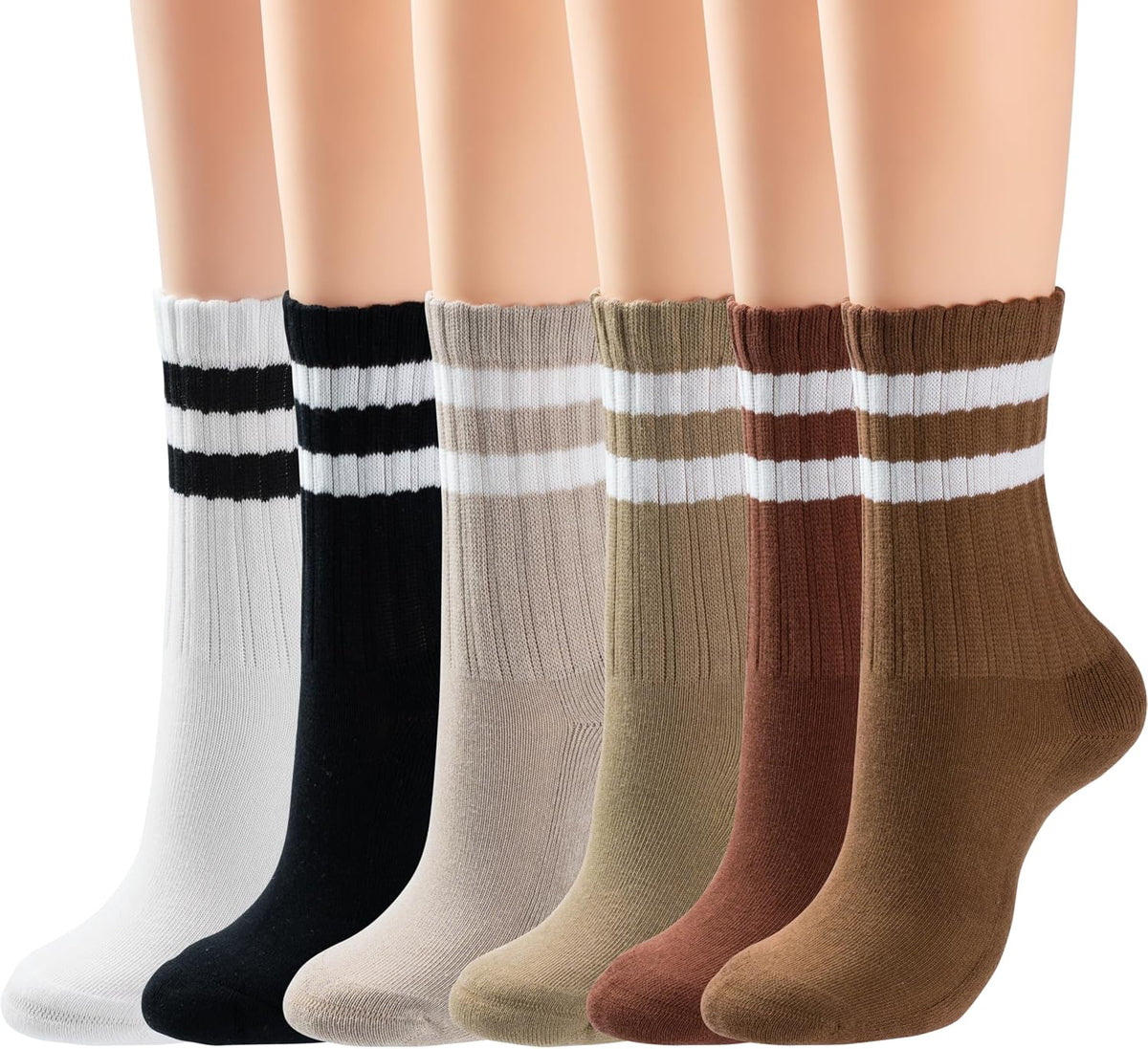 Womens Striped Crew Socks - Retro Above Ankle Cotton Sock - Casual Cozy Athletic Style Socks Size 5-11